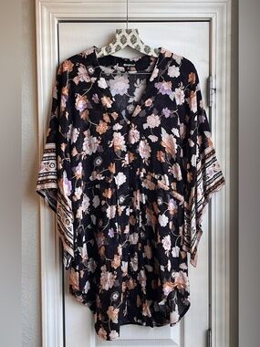 Rip Curl Surf Gypsy Button Front Kimono Tunic Dress Black Floral Print Size S